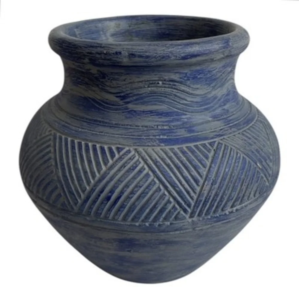 Hallmark Blue Carved Studio Pottery Vase Tribal Design 8.5” Very Good Condition